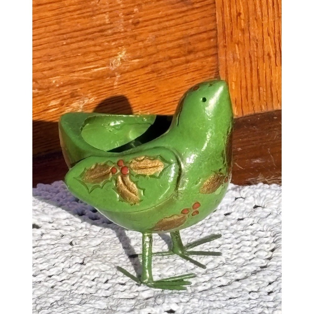 Josef Originals Green Christmas Bird Ceramic Small Bird Planter Holly 3.75"
